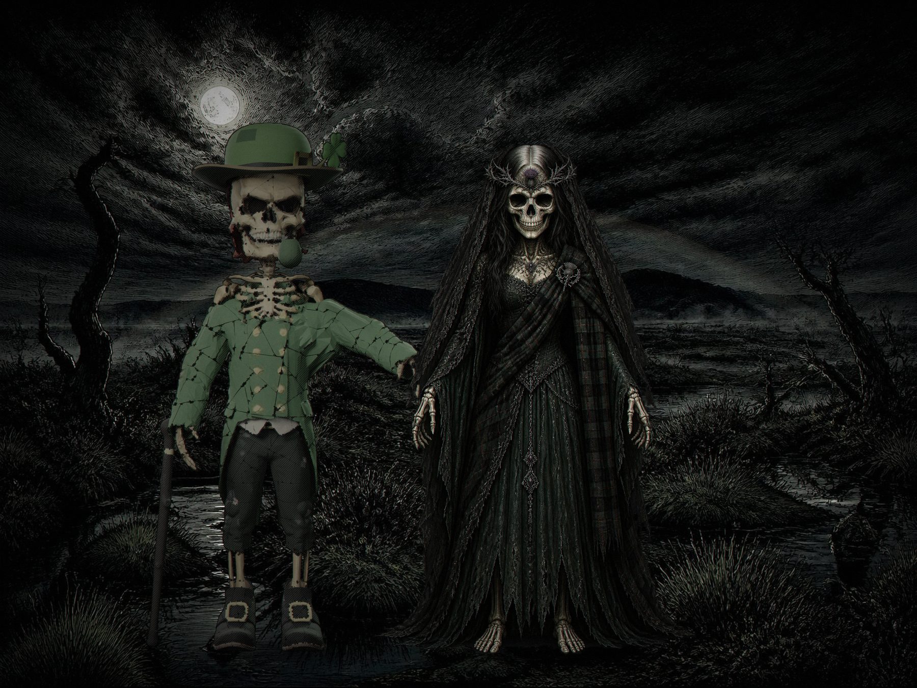 Lucky Bones and Bonnie Bones standing in the moonlit bog