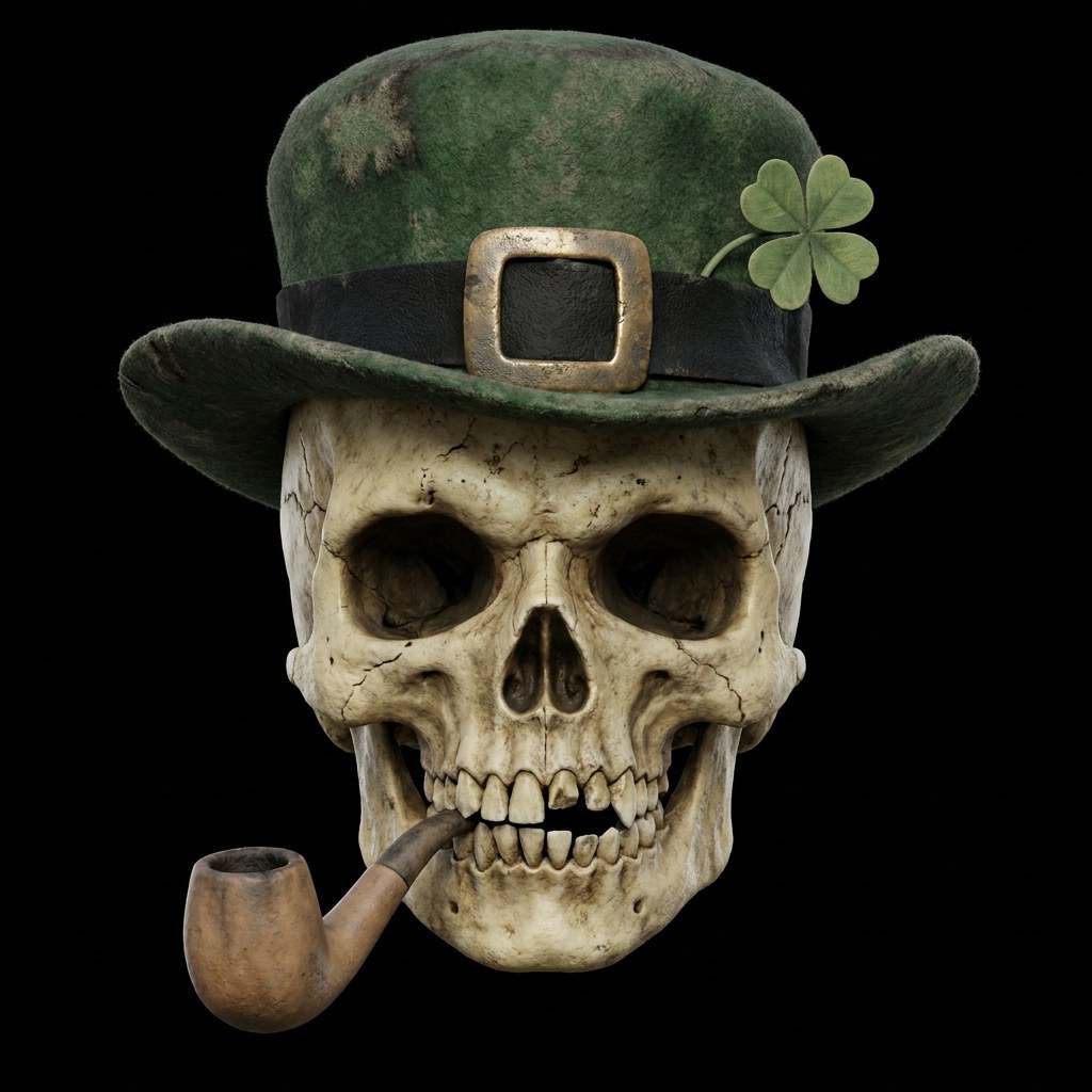 Lucky Bones: a cracked skull in a weathered green leprechaun hat with a brass buckle, a four-leaf shamrock in the band and a pipe in his teeth
